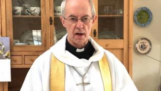 Archbishop of Canterbury Justin Welby recording his Easter Sunday sermon in the kitchen of his flat at Lambeth Palace in London