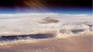 A collage showing a hurricane moving over a sandy desert