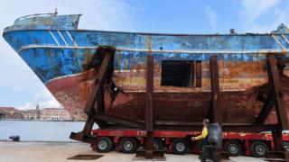 The fishing vessel "Barca Nostra" (Our Ship) that sank on April 18, 2015 trapping hundreds of migrants in its hull, is being installed in Venice's former shipyards as part of the centerpiece of a new art project by Swiss-Icelandic artist Christoph Buechel, prior to the the 58th International Art Exhibition of the Venice Biennale, on May 7, 2019 in Venice. - The 58th International Art Exhibition will open to the public from May 11 to November 24, 2019.