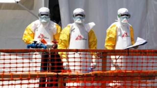 Health workers dressed in protective suits are seen at the newly constructed MSF(Doctors Without Borders) Ebola treatment centre in Goma - September 2019