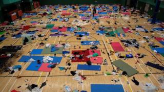 A gymnasium used by protesters as a dormitory is seen inside the Hong Kong Polytechnic University