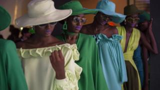 A group of models wearing Sisters of Afrika designs during Dakar Fashion Week in Dakar, Senegal