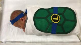 Baby Lucas was dressed as a ninja turtle for Halloween