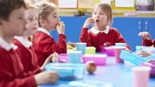 Primary school children eating their lunch