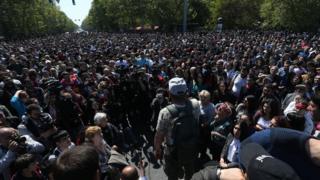 A crowd of protesters in the Armenian capital of Yerevan