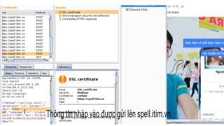 Hình ảnh chụp lại video của thành viên trang Whitehat.vn lochv37. Dòng tin nhắn 'chào em' được tải lên server với nội dung y chang không mã hóa (phía bên trái)