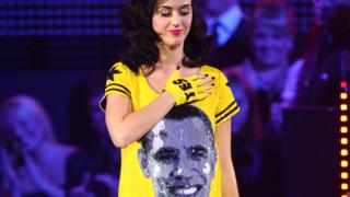 Katy Perry in a Barack Obama print dress