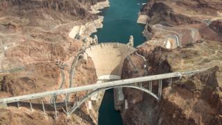 An aerial view of the Hoover Dam