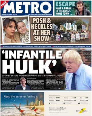 Front page of the Metro on 16 September 2019
