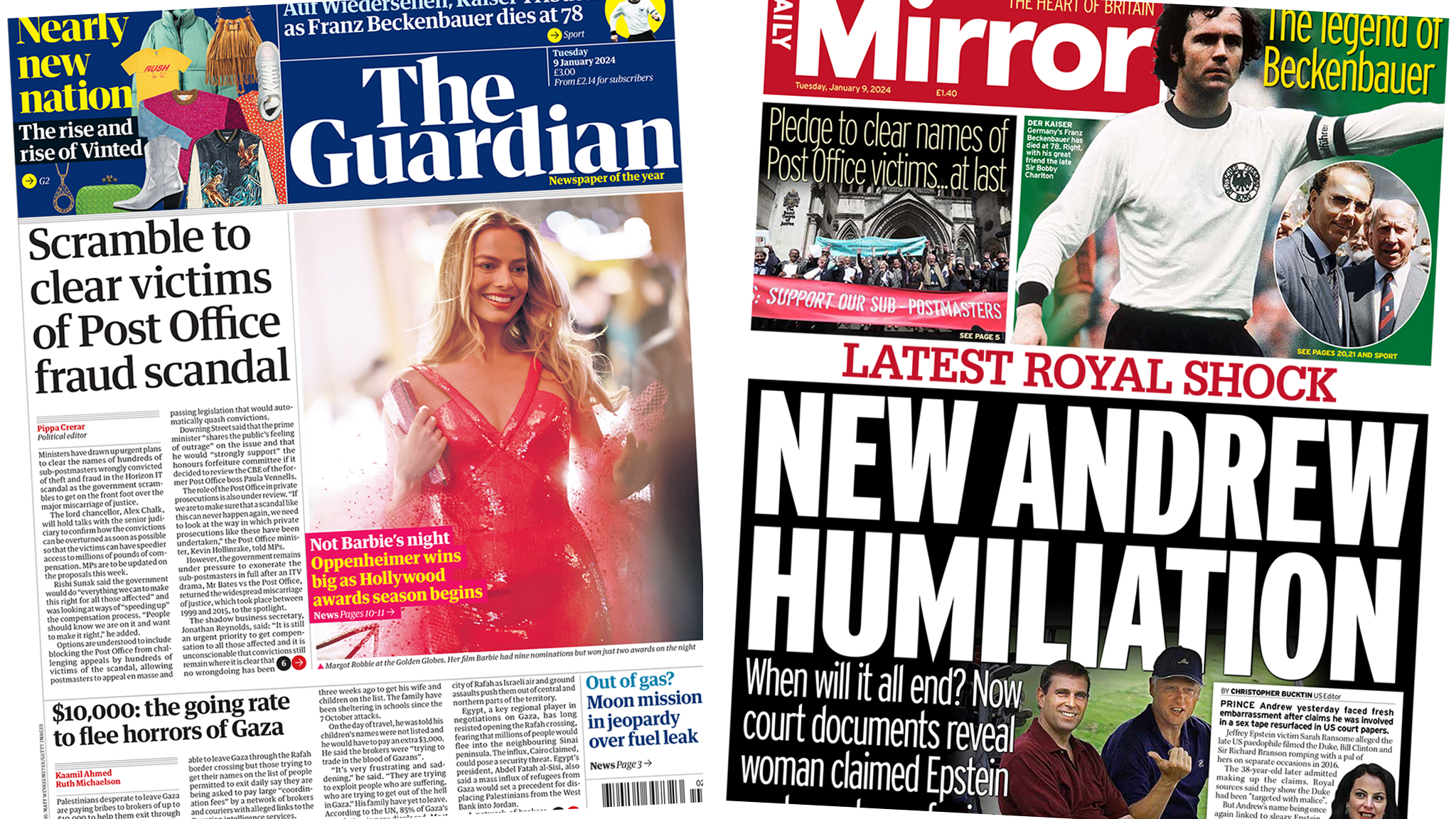 The headline in the Guardian reads, "Scramble to clear victims of Post Office fraud scandal", while the headline in the Mirror reads, "Latest royal shock: New Andrew humiliation".