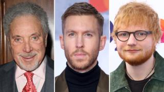 A composite image of the singers Sir Tom Jones, Calvin Harris and Ed Sheeran