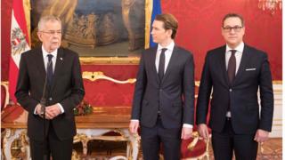 Alexander Van der Bellen, Sebastian Kurz and Heinz-Christian Strache speaking in from of an Austrian and a EU flag at the Hofburg in Vienna, Austria (December 16, 2017)