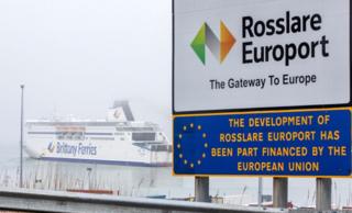  A sign featuring the EU logo is pictures outside the entrance to the Rosslare Europort