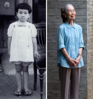 Reiko im Alter von fünf Jahren und im Alter von 79 Jahren gesehen