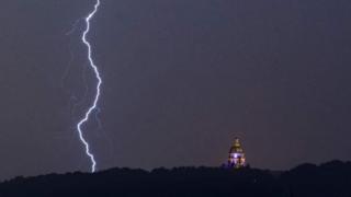 Lightning strike over the Ashton Memorial in Lancashire
