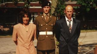 Pte Sean Benton with his parents at his passing out at Pirbright Barracks in 1994