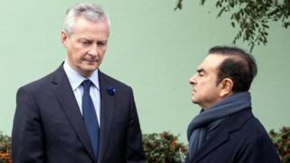 Bruno Le Maire and Carlos Ghosn at Renault's factory in Maubeuge earlier this month