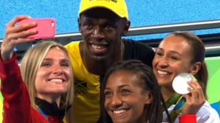 Bolt celebrates with jessica ennis and heptathletes