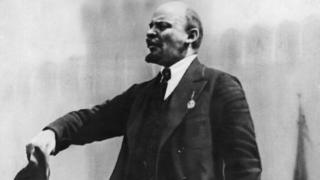 A photo of Vladimir Lenin giving a speech