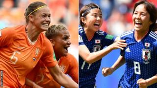 Netherlands players celebrate (left) and Japan players celebrate (right)