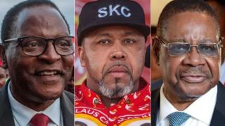 Rais Peter Mutharika (kulia) inakabiliwa na upinzani kutoka kwa Lazarus Chakwera (kushoto) na Saulos Chilima (kati)