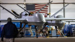 An MQ-9 Reaper drone with Customs and Border Protection (CBP) awaits the next mission over the US-Mexico border on 4 November 2022 at Fort Huachuca, Arizona