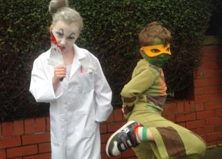 Here's Lydia as Miss Root from the David Walliams's Demon Dentist, and Jonah as a turtle.
