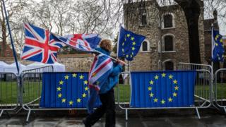 Протестующие против Brexit протестуют возле здания парламента 18 марта 2019 года в Лондоне