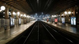 Empty tracks are seen on the departure train platform Gare du Nord railway station