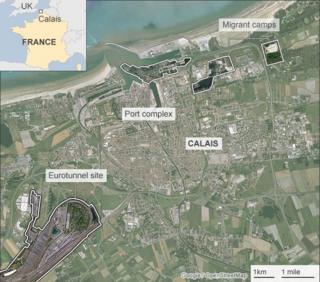 Map showing location of migrant camps in Calais