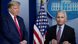President Donald Trump looks at Dr Anthony Fauci as he walks off the podium, 22 April 2020