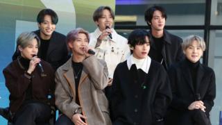 (L-R) Jimin, Jungkook, RM, J-Hope, V, Jin, and SUGA of the K-pop boy band BTS visit the "Today" Show at Rockefeller Plaza on February 21, 2020 in New York City.