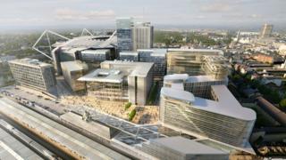 Llun artist o'r datblygiadau arfaethedig yng nghanol Caerdydd