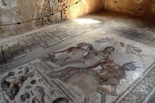 Mosaic from the House of Amphitrite in Bulla Regia, the archaeological site in north-western Tunisia, a former Roman city. It is noted for its Hadrianic-era semi-subterranean housing, a protection from the fierce heat and effects of the sun ,on September 21, 2018 in Jendouba, Tunisia.
