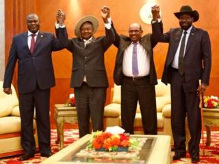 ሪክ ማቻር (ጸጋም) ፕረዚደንት ሳልቫ ኪር (የማን) ምስ መራሕቲ ዩጋንዳን ሱዳንን