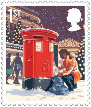 Christmas scene stamp featuring a postman collecting post from a post box in the snow.