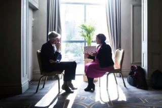 Sinn Fein leader Mary Lou McDonald talks to a journalist during Sinn Fein's General Election launch.