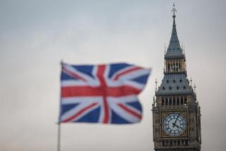 Bandera británica con el Big ben detrás.