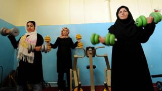 Afghan women exercise at the Setara Sahar Afghan Bodybuilding Gym in Herat, 2008
