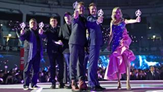 Avengers cast and crew: Joe and Anthony Russo, Kevin Feige, Robert Downey Jr, Jeremy Renner and Brie Larson