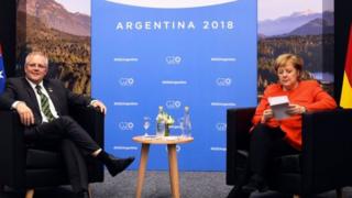 Angela Merkel, umutegetsi mukuru w'Ubudage, mu nama na Scott Morrison, minisitiri w'intebe wa Australia, mu nama ya G20