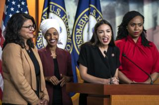 Democratic Representatives Rashida Tlaib, Ilhan Omar, Alexandria Ocasio-Cortez and Ayanna Pressley speak out in the US Capitol in Washington, DC, USA. 15 July 2019.
