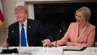 US President Donald Trump speaks alongside senior advisor and daughter Ivanka Trump (R) during the first meeting of the American Workforce Policy Advisory Board in the State Dining Room of the White House in Washington, DC, March 6, 2019.