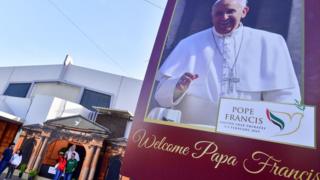 Poster of the Pope at St Mary's Catholic Church in Dubai on January 30, 2019