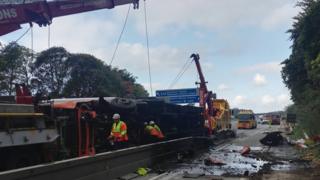 lorry cheshire england m6 overturns closed part after highways recovery removal complex caption copyright police said vehicle