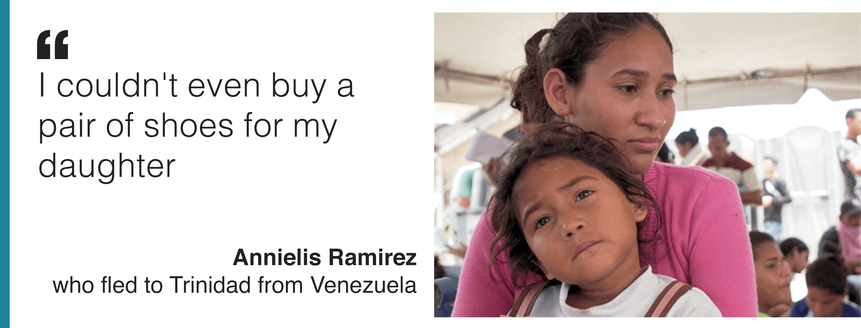 Image and quote from Annielis Ramirez , who is among thousands of Venezuelans seeking a better life in Trinidad. She says: "Truly I can say Uganda at this point is home to us."