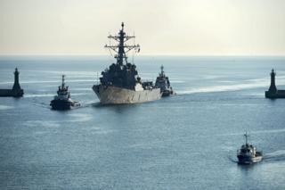 The US Navy guided-missile destroyer USS Donald Cook enters the military port in Gdynia, Poland, 8 April