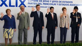 Michelle Bachelet, Tabare Vazquez, Mauricio Macri, Horacio Cartes, Dilma Rousseff y Evo Morales.