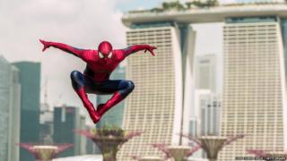 Spider-Man explores Singapore during his time in town for 'The Amazing Spider-Man 2' on March 27, 2014 in Singapore.