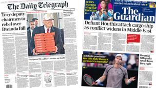 The headline in the Telegraph reads, "Tory deputy chairmen to rebel over Rwanda Bill", while the headline in the Guardian reads, "Defiant Houthi attacks cargo ship as conflict widens in Middle East".